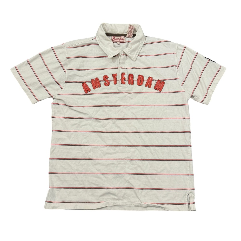 Point Zero Amsterdam Striped Polo Shirt Mens Large White Red Applique Y2K Retro